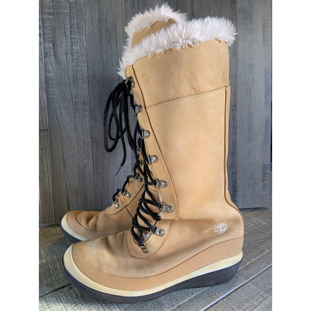 Timberland Tall Lace Up Boots Womens 8M‎ Wheat Brown Faux Fur Winter Warm
